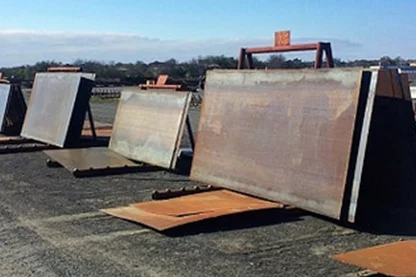 Steel Plates and Building Construction Materials, Including 3'-8" C-Purlin, Base Angle, Prefabricated Trusses, 26 gauge, PBR Metal Roofing and Siding, and More
