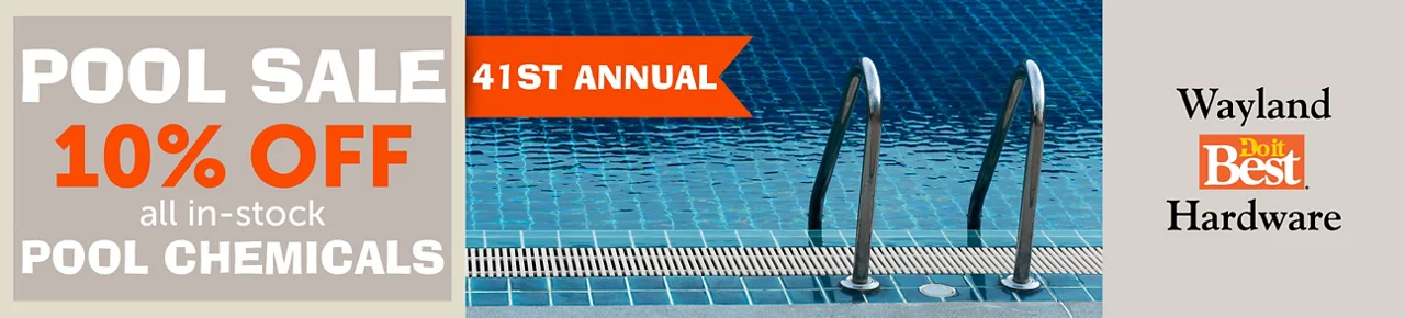 41st Annual Pool Sale. 10% off all in-stock pool chemicals. May 1-31. Proud to be your local pool supplier since 1982.