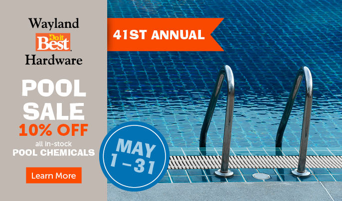 41st Annual Pool Sale. 10% off all in-stock pool chemicals. May 1-31. Proud to be your local pool supplier since 1982. Learn more.