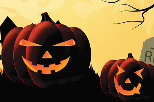 Four illustrated pumpkins on a black and orange background