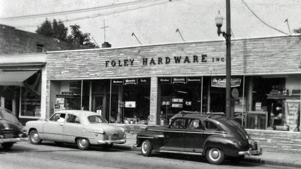 Old black and white photo of the Foley Hardware store front
