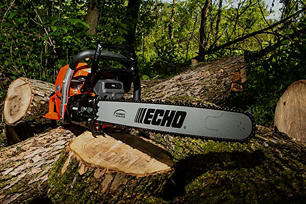 ECHO chainsaw sitting on top of freshly cut wood