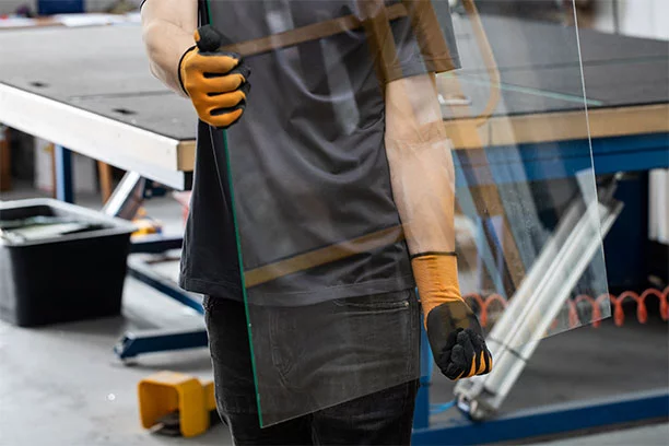 Employee carrying a pane of glass while wearing safety gloves