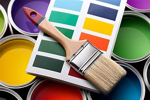 Custom Paint matching, paint brush, paint swatches, and colorful paint cans