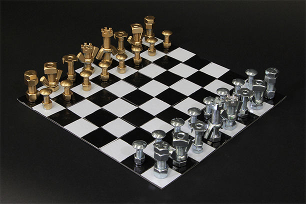 The end product of DIY nuts & bolts chess set