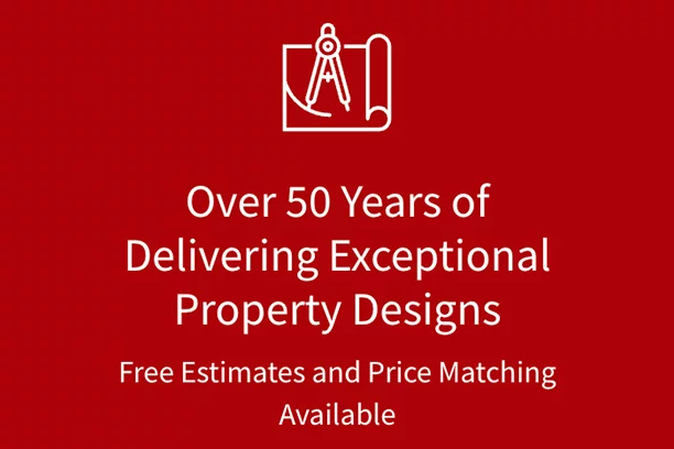 Icon with text that says, "Over 50 years of Delivering Exceptional Property Designs. Free Estimates and Price Matching Available."
