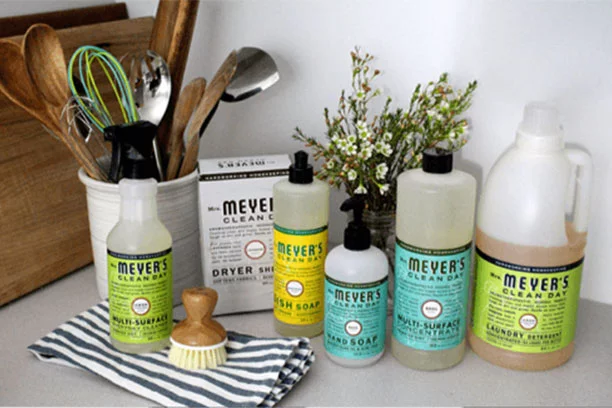 Mrs. Meyers cleaning products sitting on a counter