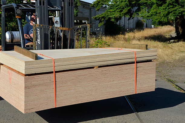 Plywood stack on Forklift