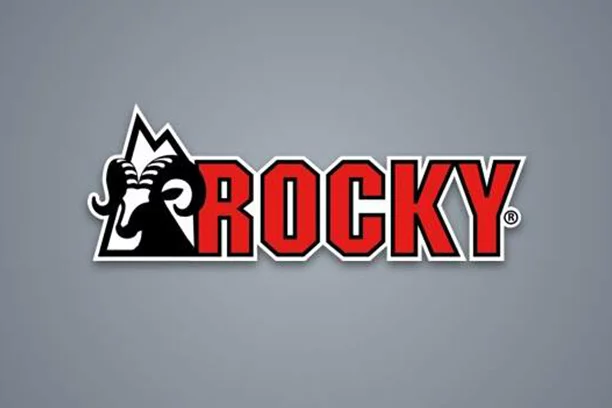 Rocky boot logo on grey blue background