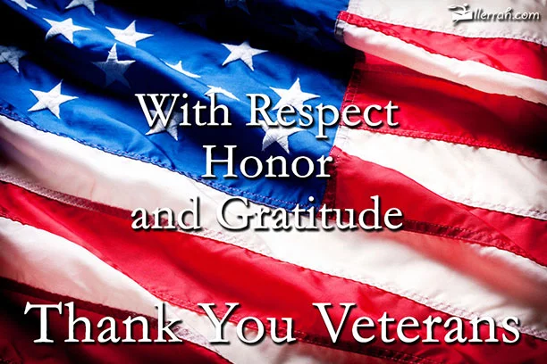 American flag background with text on top that says, "With Respect, Honor and Gratitude. Thank You Veterans."