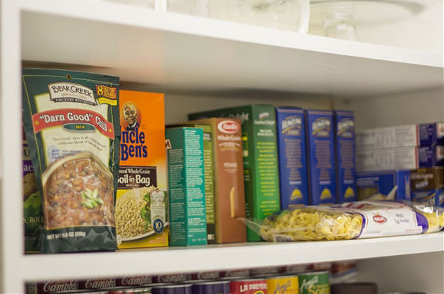 Dry goods on a pantry shelf