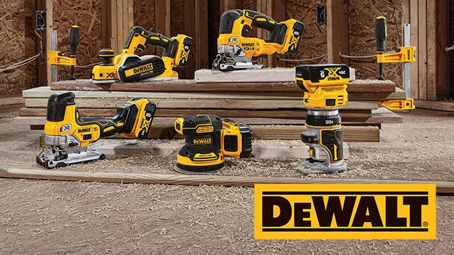 DEWALT power tool family with DEWALT logo in bottom left corner