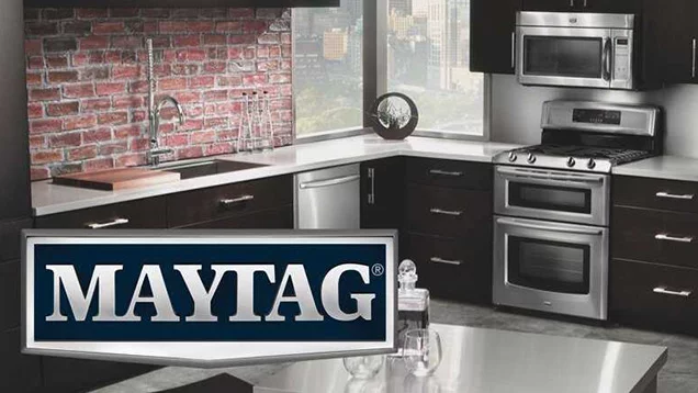Maytag logo with modern kitchen appliances