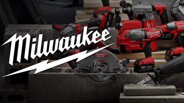 Milwaukee logo with power tools in background