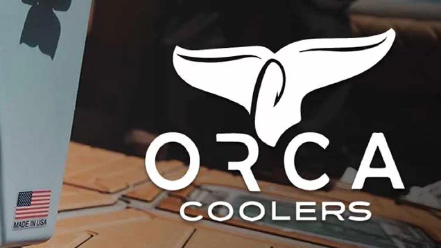 Orca Coolers logo with Orca Cooler in background