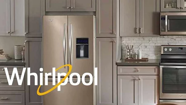 Whirlpool logo with modern kitchen appliances