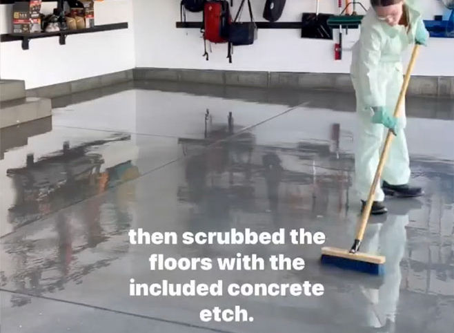 Scrub the floor with the included concrete etch.
