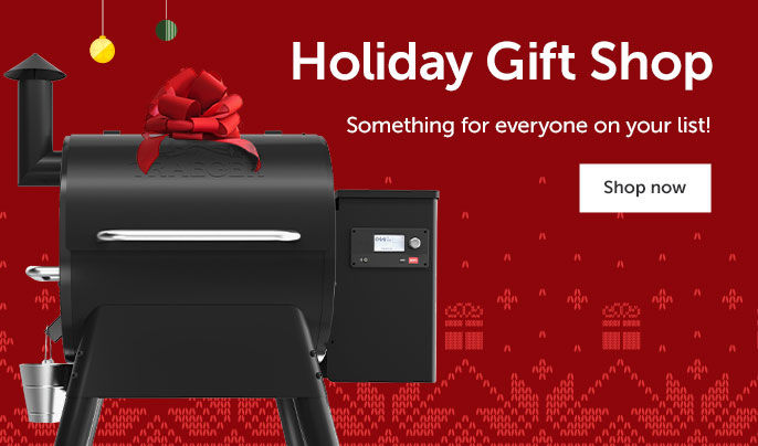 Text center - "Holiday Gift Shop - Something for everyone on your list!" Shop now button. Product images on the left and right side- Traeger pellet grill, Instant stand mixer, Black & Decker vacuum, Milwaukee PACKOUT tool box