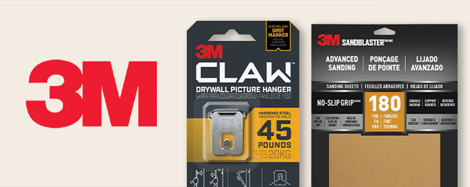 3M logo with three product shots and a man wearing a respirator on the right hand side