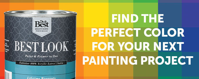 Text right - "Find the perfect color for your next painting project" Image left - Best Look gallon paint can colorful squares in the background