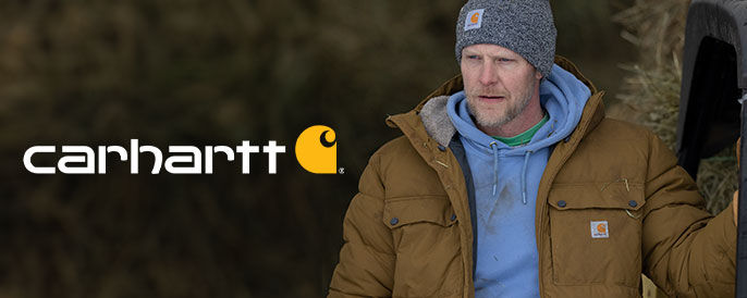 Carhartt logo and a man wearing a beige Carhartt jacket