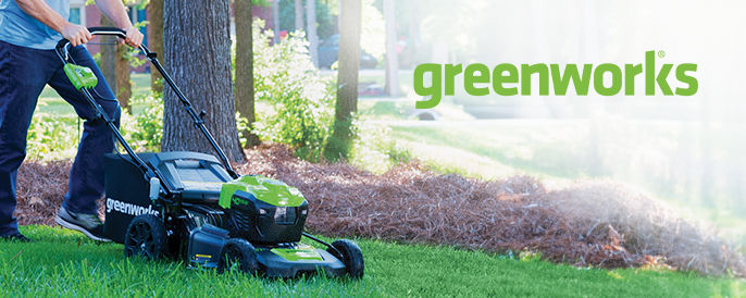 Greenworks lawn mower with the Greenworks logo