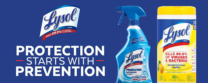 Lysol - Protection starts with prevention. 5 product images on the right hand side
