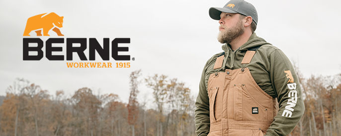 Berne Logo and a man on the right hand side wearing Berne bibs and a gray hat