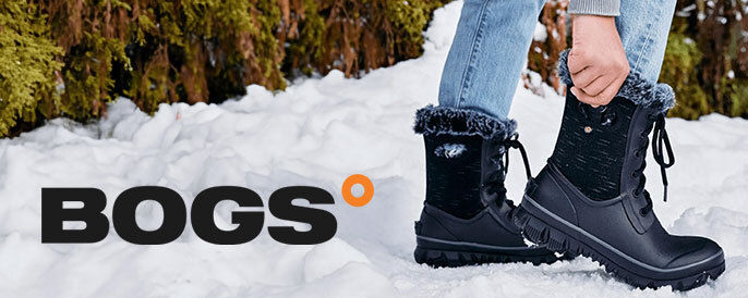 Bogs Boots logo on top of a photo of people wearing Bogs boots and walking through the snow