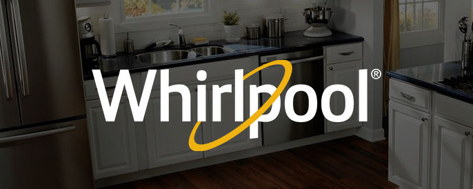 Whirlpool branded banner with logo and a lifestyle of a kitchen with Whirlpool appliances