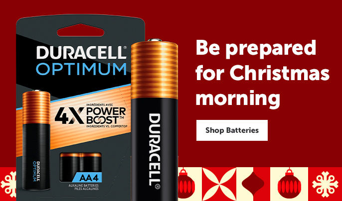 Text right "Be prepared for Christmas Morning" Shop Batteries button. Duracell batteries product image left