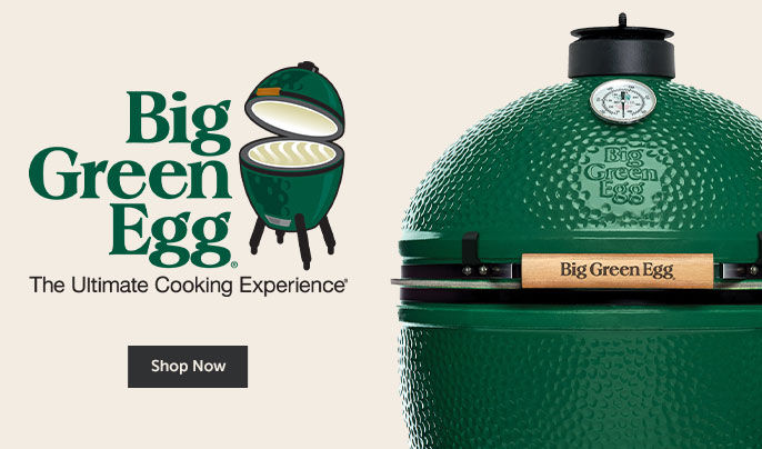 Text left - "Big Green Egg Logo" Shop now button. Right side image close up of a Big Green Egg Grill