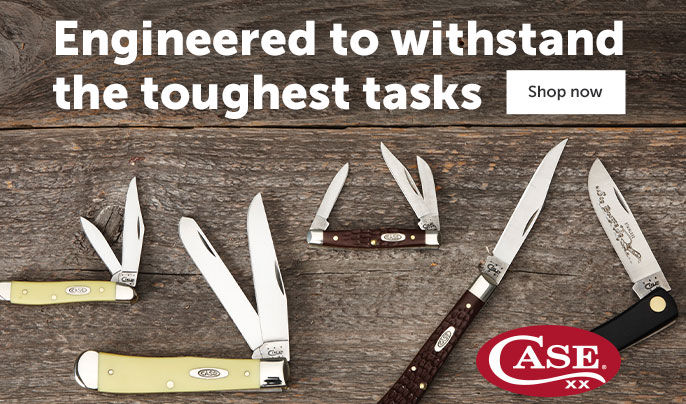 Text left - "Engineered to withstand the toughest tasks" Shop now button. Five Case folding knives laid out on a wooden table