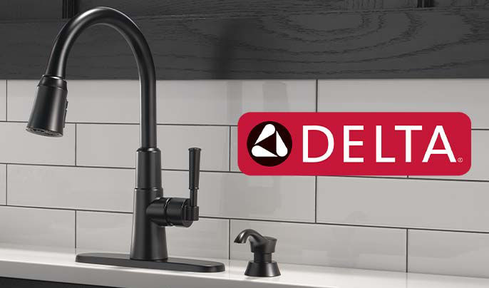 Delta logo next to a black Delta kitchen faucet