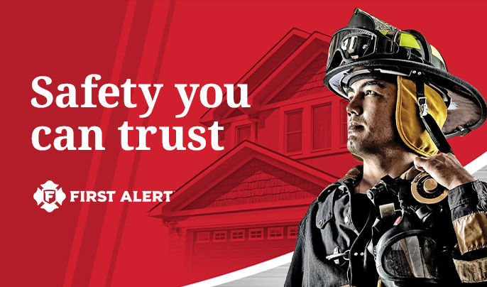 Safety you can trust. three white smoke detectors with an image of a firefighter on the right hand side 