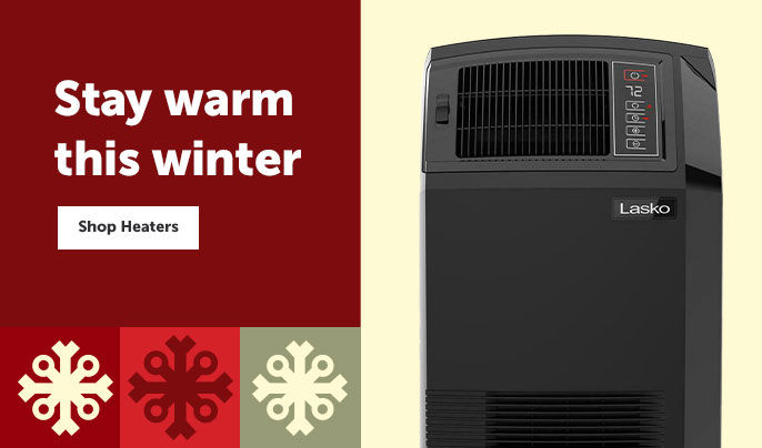 Text left - "Stay warm this winter" Shop heaters button. Product images on the right side- two space heaters