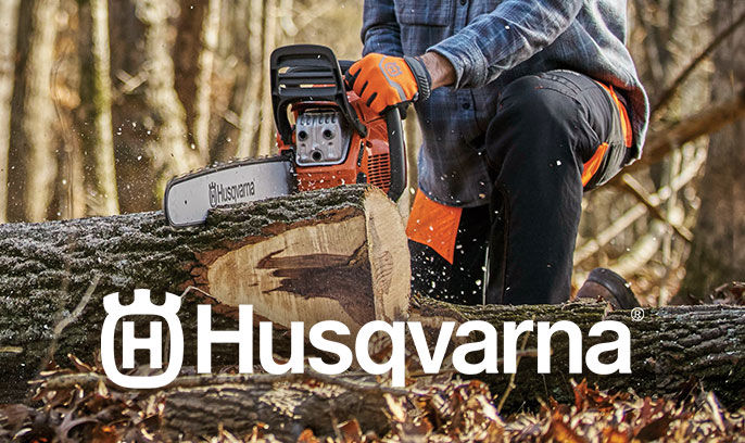 Husqvarna branded banner with an image of a man with a Husqvarna chainsaw cutting wood