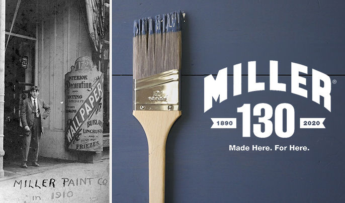 Black and white vintage image of an old Miller Paint store, along with a paint brush and the Miller logo with two different cans of paint colors