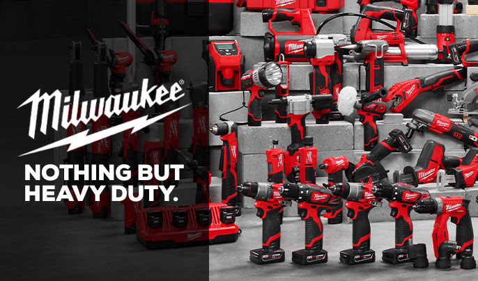 Text left - Milwauke logo "Nothing but heavy duty" - Image right - A linup of various Milwauke power tools