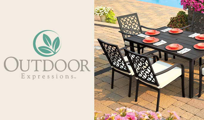 Outdoor Expressions logo and patio furniture