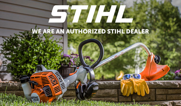 Text left - "STIHL logo - We are an authorized STIHL dealer" LIfestyle image of a gas powered STIHL string trimmer resting up against a brick retaining wall with leather gloves and sunglasses resting on top of the brick