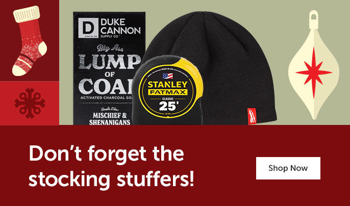 Text right - "Don't forget the stocking stuffers" Shop now button. Duke Cannon lump of coal soap, Stanley Tape Measure, Milwaukee Beanie