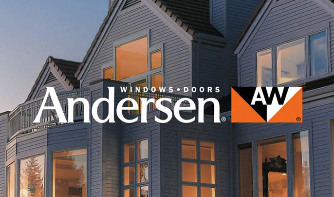 Anderson Windows and Doors logo with an image of a house in the evening with its lights on inside