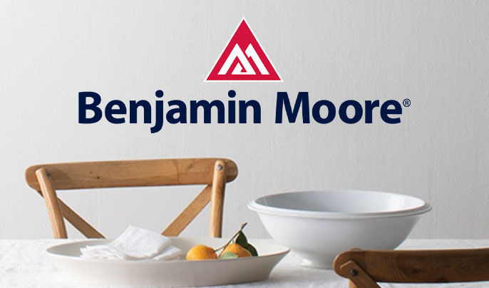 Benjamin Moore logo with a kitchen table setting background