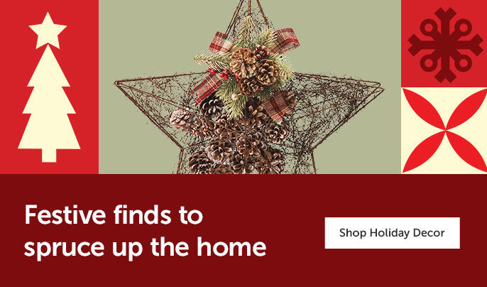 Text right - "Festive finds to spruce up the home" Shop holiday decor button. Left side product image of Christmas Star