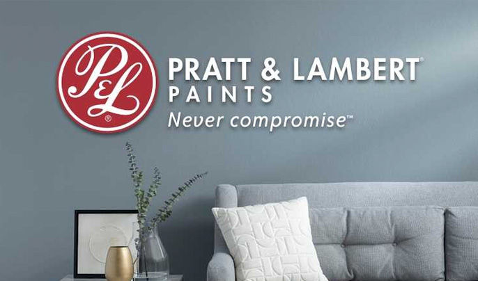 Pratt & Lambert logo with blue-painted room