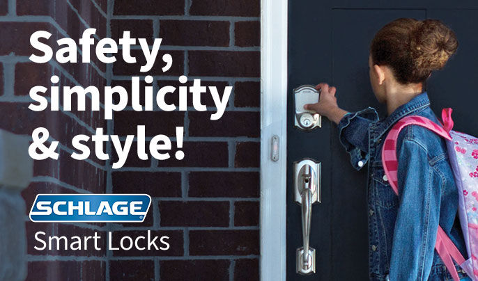 A little girl with a jean jack and a pink and white backpack using a touch pad to enter her house. Text on the right says safety, simplicity & style Schlage