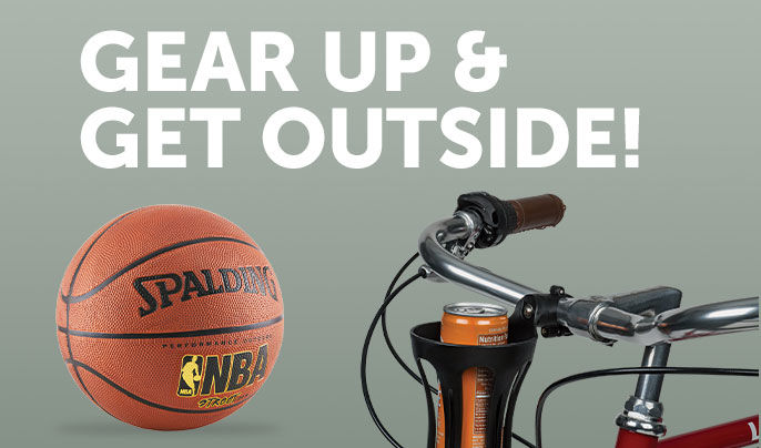 Sporting Goods department "Gear up and Get outside" Basketball and bike on the right hand side 