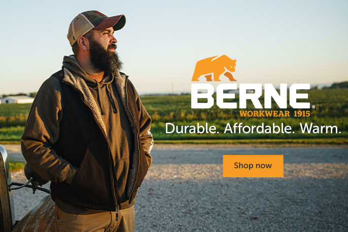 Berne Logo and a man on the right hand side wearing Berne bibs and a gray hat