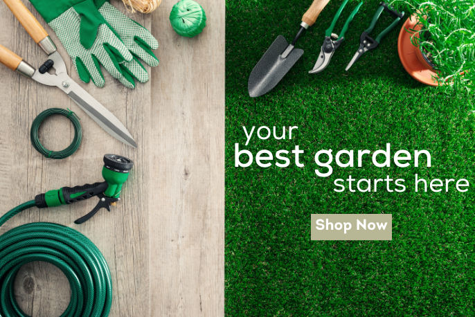 Gardening tools on light wood decking boards over a grass patch with additional gardening tools. Text reads "Your best garden starts here"